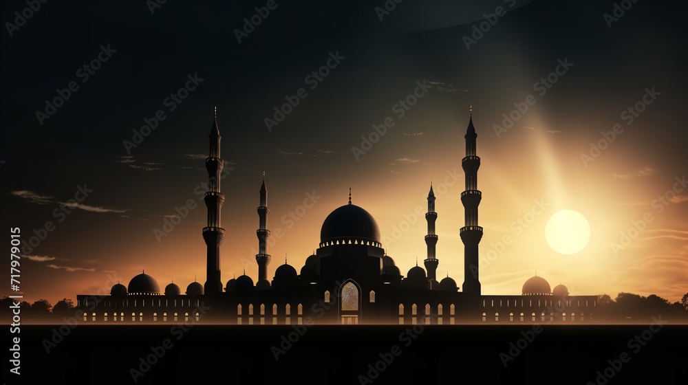 Mosque silhouette in sunset sky and candels on Ramadan