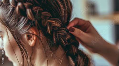 Close-up intricate artistry of hairstyling, as skilled hands were beautiful braids and create an exquisite hairstyle for a woman. Braiding process