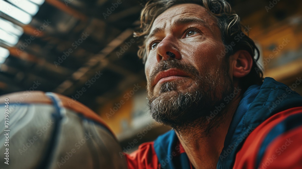 Contemplative Man Resting After Intense Workout in Industrial Gym Setting