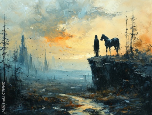 Solitary Traveler with Horse Overlooking a Dystopian Landscape at Dusk Painting