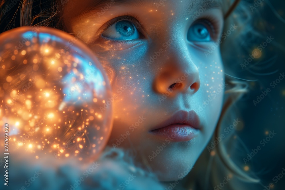 Enchanted Child Gazing at a Sparkling Magical Orb in a Dreamlike Vision Enchanted Child Gazing at a Sparkling Magical Orb in a Dreamlike Vision