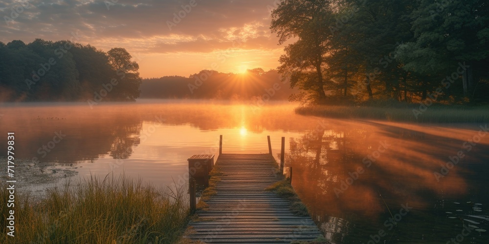 Misty Lake Dawn Sunshine - obrazy, fototapety, plakaty 