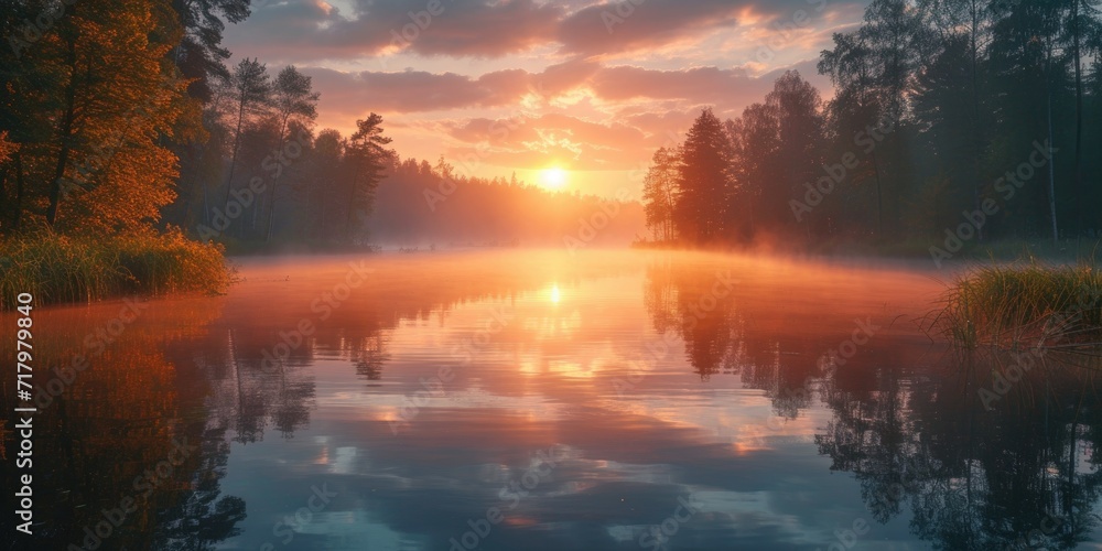 Misty Lake Dawn Sunshine