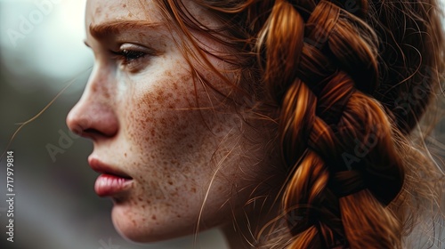 Close up portrait beautiful redhead girl with hair elegantly braided. Red hair Braid. Beauty, fashion, hairstyling and individuality photo