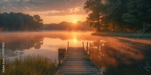 Misty Lake Dawn Sunshine