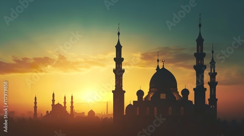 Mosque silhouette in sunset sky and candels on Ramadan