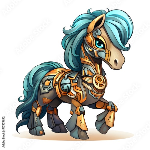 mechanical horse cartoon illustration blue and white gold colors, with gears and mechanical parts on its body. © zakariastts