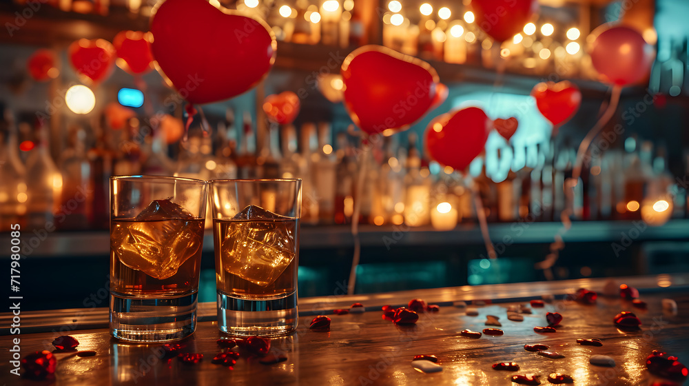 Cinematic photograph of two whisky glasses at a pub. Dim lights Heart shaped balloons and confeti. Valentines. Love