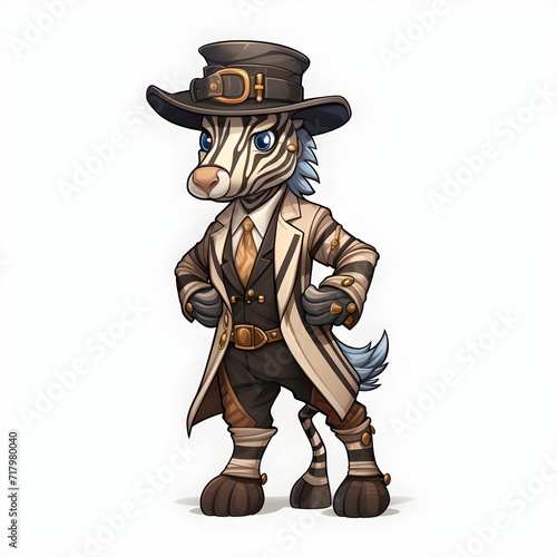 cartoon zebra illustration wearing a costume hat, and coat, tie