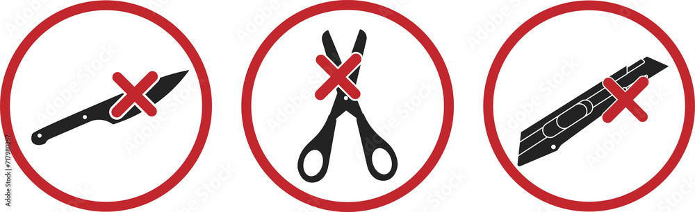 Bundle set of prihibition sign do not bring or use cutter, cutting tool, sharp object, scissors, knife, knives, blade Bundle set of prihibition sign do not bring or use cutter, cutting tool, sharp object, scissors, knife, knives, blade