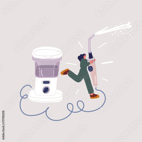 Vector illustration of Cut view of happy young model holding oral water irrigator. One finger is on button. Ready to use it and turn on. Dental oral care. Happy face on young woman.