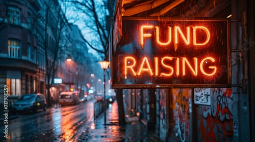 Neon Glow Fundraising Sign on Rainy City Street at Twilight