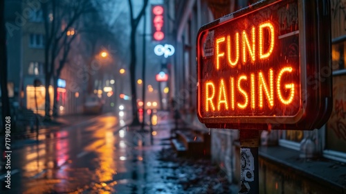Neon Glow Fundraising Sign on Rainy City Street at Twilight