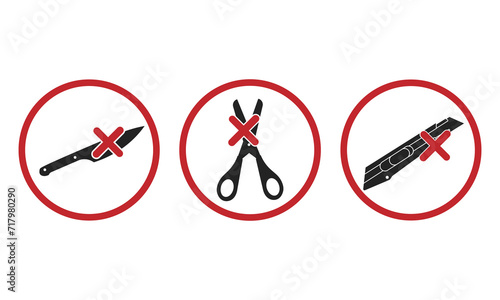Bundle set of prihibition sign do not bring or use cutter, cutting tool, sharp object, scissors, knife, knives, blade  