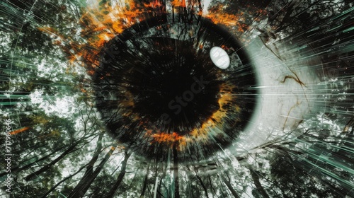 Interdimensional vortex in the reflection of the close up of eye. Iris transposed over space universe and forest scene.