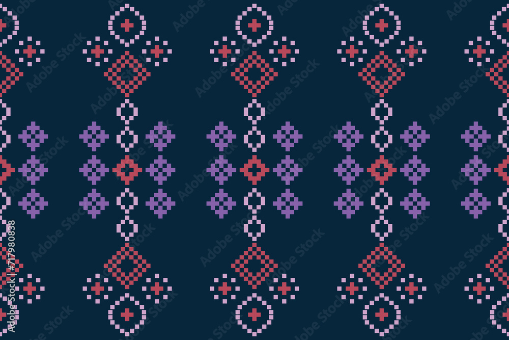 Ethnic geometric fabric pattern Cross Stitch.Ikat embroidery Ethnic oriental Pixel pattern navy blue background. Abstract,vector,illustration. Texture,clothing,scarf,decoration,motifs,silk wallpaper. Ethnic geometric fabric pattern Cross Stitch.Ikat embroidery Ethnic oriental Pixel pattern navy blue background. Abstract,vector,illustration. Texture,clothing,scarf,decoration,motifs,silk wallpaper.