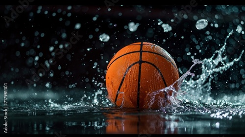 Professional Basketball ball Sports Equipment in water splashes on the black background. Horizontal Illustration. Sporting Gear Ai Generated Illustration with Active Game Basketball ball. © Vector Juice