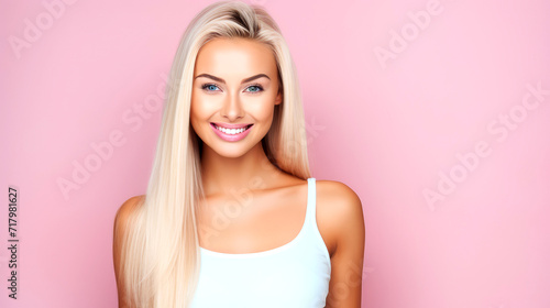 Closeup Portrait of Young European Woman on Minimal Solid Color Background for Commercial Use