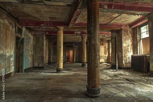 the interior of an abandoned historic building that is offlimits to the public.