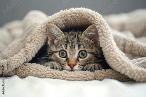 Cute pet kitten peeking out the blanket resting on sofa. Small cat wrapped in a warm knitted blanket indoors