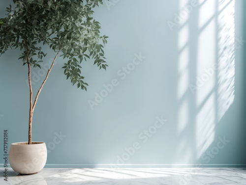 Minimalistic light background with blurred foliage shadow on a light blue wall. Beautiful background for presentation with with marble floor.