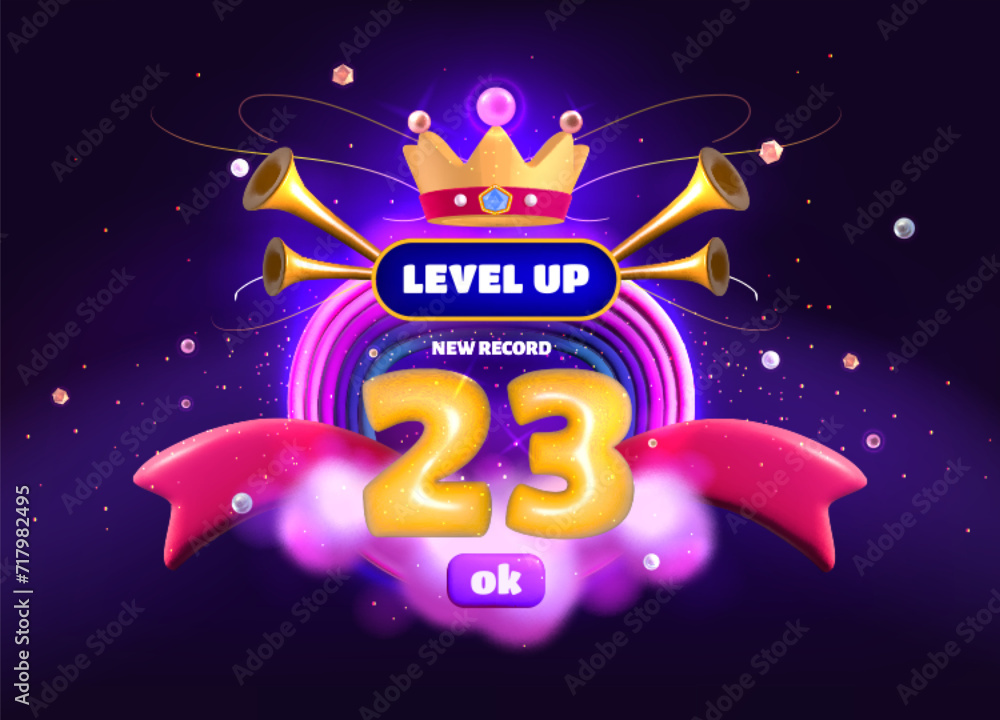 Level Up Game Popup Banner With Crown Ribbons And Trumpets Reward level-up-game-popup-banner-with-crown-ribbons-and-trumpets-reward
