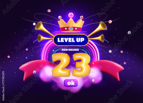 Level up game popup banner with crown  ribbons and trumpets. Reward badge  gui interface label  victory user of casino jackpot result for winner screen  vector cartoon illustration. Ui playing element