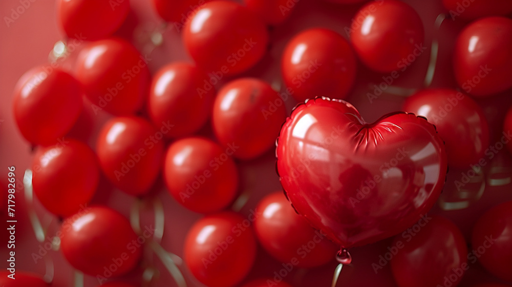 A red balloon in the shape of a heart monochromatic red background. Red heart on a glowing red background with golden bokeh. A heart red horizontal banner.Love and Wedding monochrome greeting card. A red balloon in the shape of a heart monochromatic red background. Red heart on a glowing red background with golden bokeh. A heart red horizontal banner.Love and Wedding monochrome greeting card.