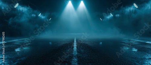 dark empty street set against a deep blue background  an enigmatic ambiance with neon lights and spotlights illuminating the deserted surroundings  asphalt floor reflection 