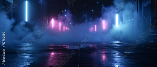 dark empty street set against a deep blue background, an enigmatic ambiance with neon lights and spotlights illuminating the deserted surroundings, asphalt floor reflection 