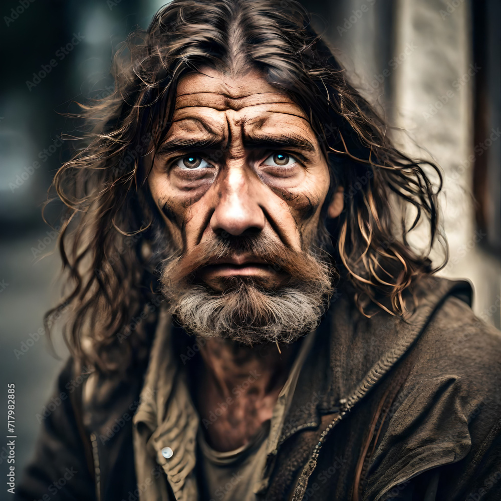 A homeless man with long unwashed hair and dirty clothes and a dirty face. There is sadness in his eyes and he is depressed and suffering from addiction and mental health issues.. A homeless man with long unwashed hair and dirty clothes and a dirty face. There is sadness in his eyes and he is depressed and suffering from addiction and mental health issues..