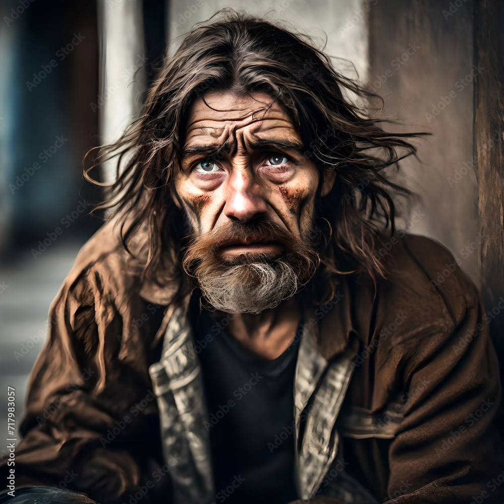 A homeless man with long unwashed hair and dirty clothes and a dirty face. There is sadness in his eyes and he is depressed and suffering from addiction and mental health issues.. A homeless man with long unwashed hair and dirty clothes and a dirty face. There is sadness in his eyes and he is depressed and suffering from addiction and mental health issues..