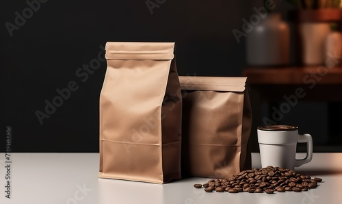 Coffee packaging made of brown paper combines with a coffee cup and roasted coffee beans on the side. generative AI