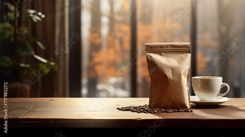 Coffee packaging made of brown paper combines with a coffee cup and roasted coffee beans on the side. generative AI photo