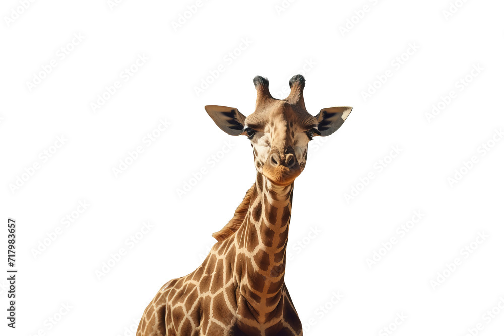 Obraz premium Giraffe head looks at the camera. Isolated transparent background.