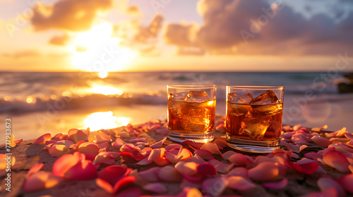 Cinematic photograph of two whisky glasses at a tropical beach. Sunlight. Heart shaped balloons and confeti. Valentines. Love photo