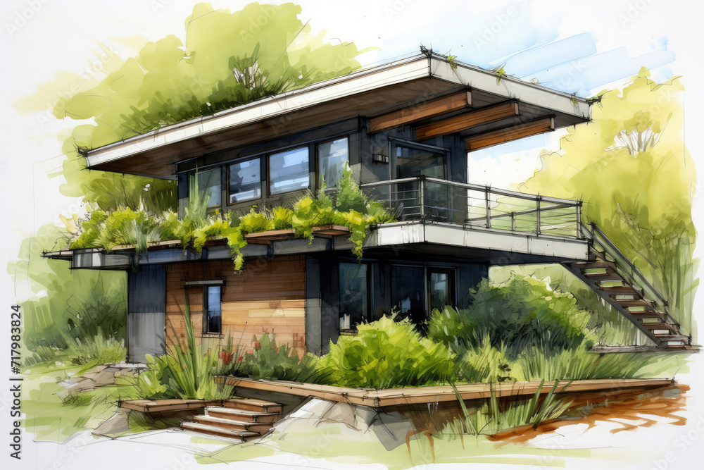 Sketch of a tiny house with a green roof, emphasizing eco-friendly features Sketch of a tiny house with a green roof, emphasizing eco-friendly features