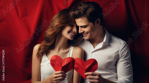 Smiling young couple with closed eyes, holding red paper hearts in front of them on a red background, Valentine's Day romantic evening