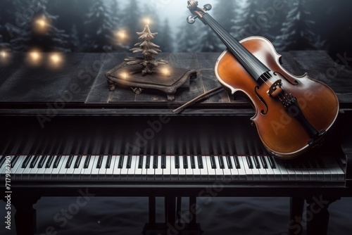 Close up of violin and piano. Winter landscape background. © AI Studio
