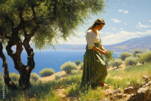 Greek woman picking olives in a sunlit grove  with the Mediterranean Sea in the distance