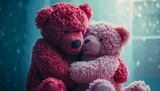 Red Teddy bear embracing a pink Teddy bear in a cozy hug captured in high definition symbolizing warmth love and friendship with a