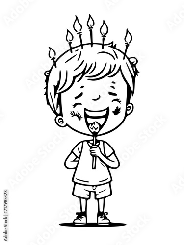 a cartoon child closing their eyes and making a birthday wish before blowing out the candles on a cake  black and white  svg 17