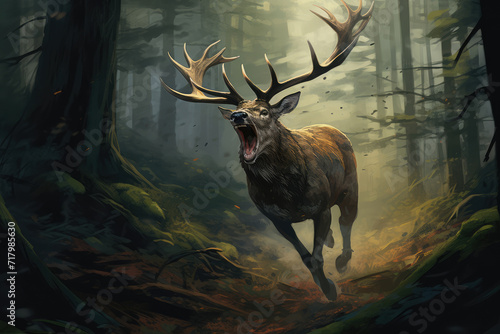 
Illustration of a rabid deer with an unsteady gait and foaming mouth, an unusual but alarming sight in a forest setting photo