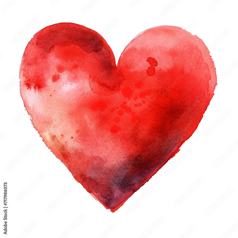 Watercolor red heart isolated on white or transparent background.