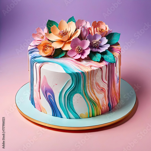 Photorealistic Pop Art Illustration of Marble Cake with Lush Floral Decorations and 3D Paper Art Gen AI photo