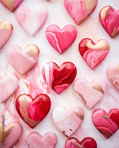 Heart-shaped red stones on a marble pink background, perfect for a spa-themed setting. Flat lay backdrop. Femine abstract design