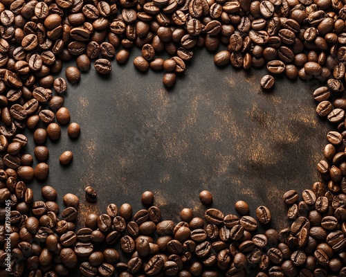Roasted coffee beans frame on a dark textured surface, design for menus, cafe or as a beverage background. Copy space, banner.