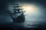 Ghostly Flying Dutchman ship appearing through a foggy, mist-laden seascape