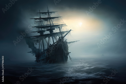 Ghostly Flying Dutchman ship appearing through a foggy, mist-laden seascape