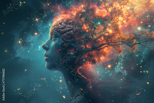 A woman's mind blossoms like a nebula, branching out into the universe of possibilities, guided by the rooted wisdom of her tree